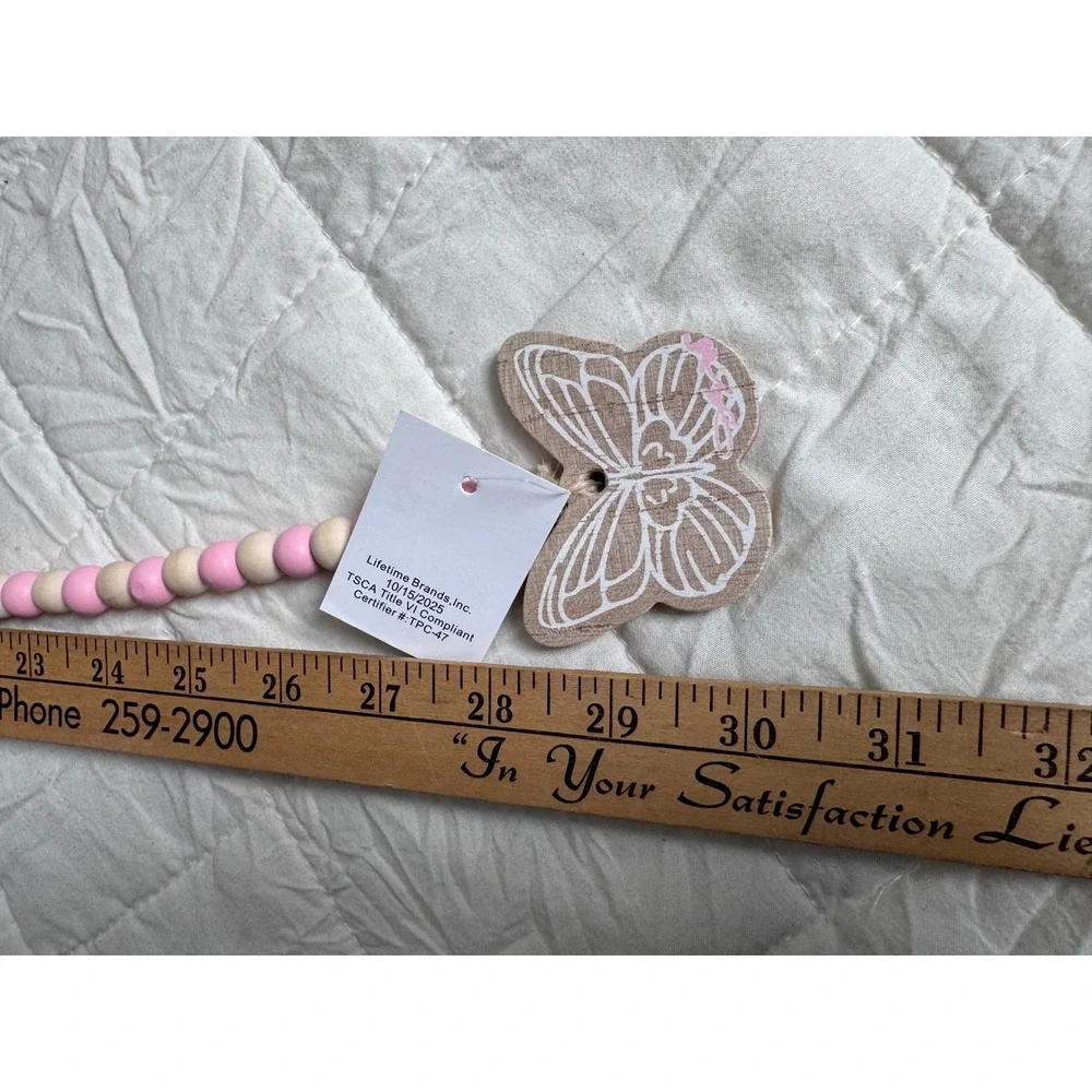 Dolly Parton NEW Pink Wood Bead Garland Butterfly Charm Jute Tassel 30 Inch
